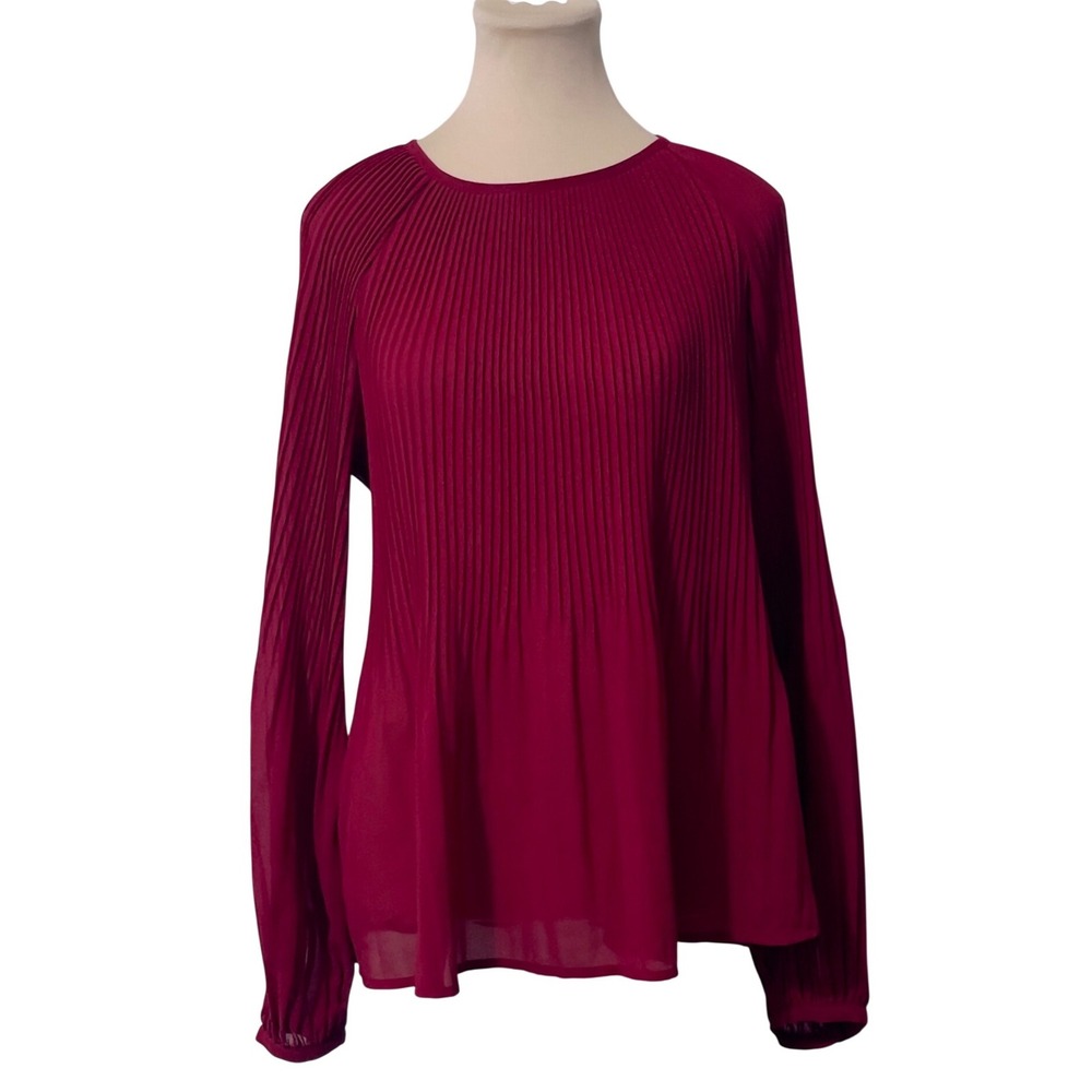 A New Day Women Blouse L Burgundy Pleated Keyhole Classic Casual Light Weight